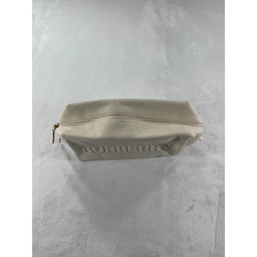 Burberry‎ Cosmetic Toiletry Pouch Ivory Embossed Logo Canvas Zipper Clutch Bag